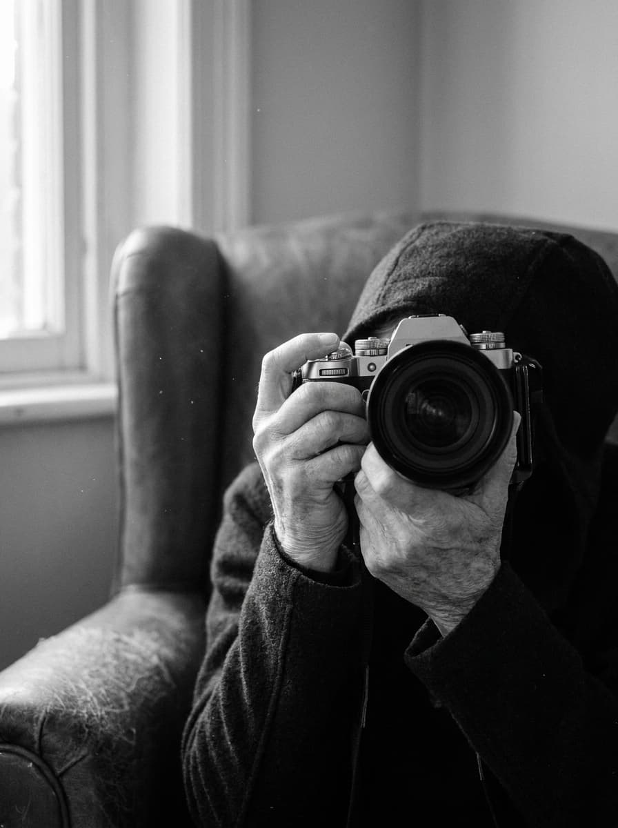 Sandra Correia beim Fotografieren, Kamera vor dem Gesicht