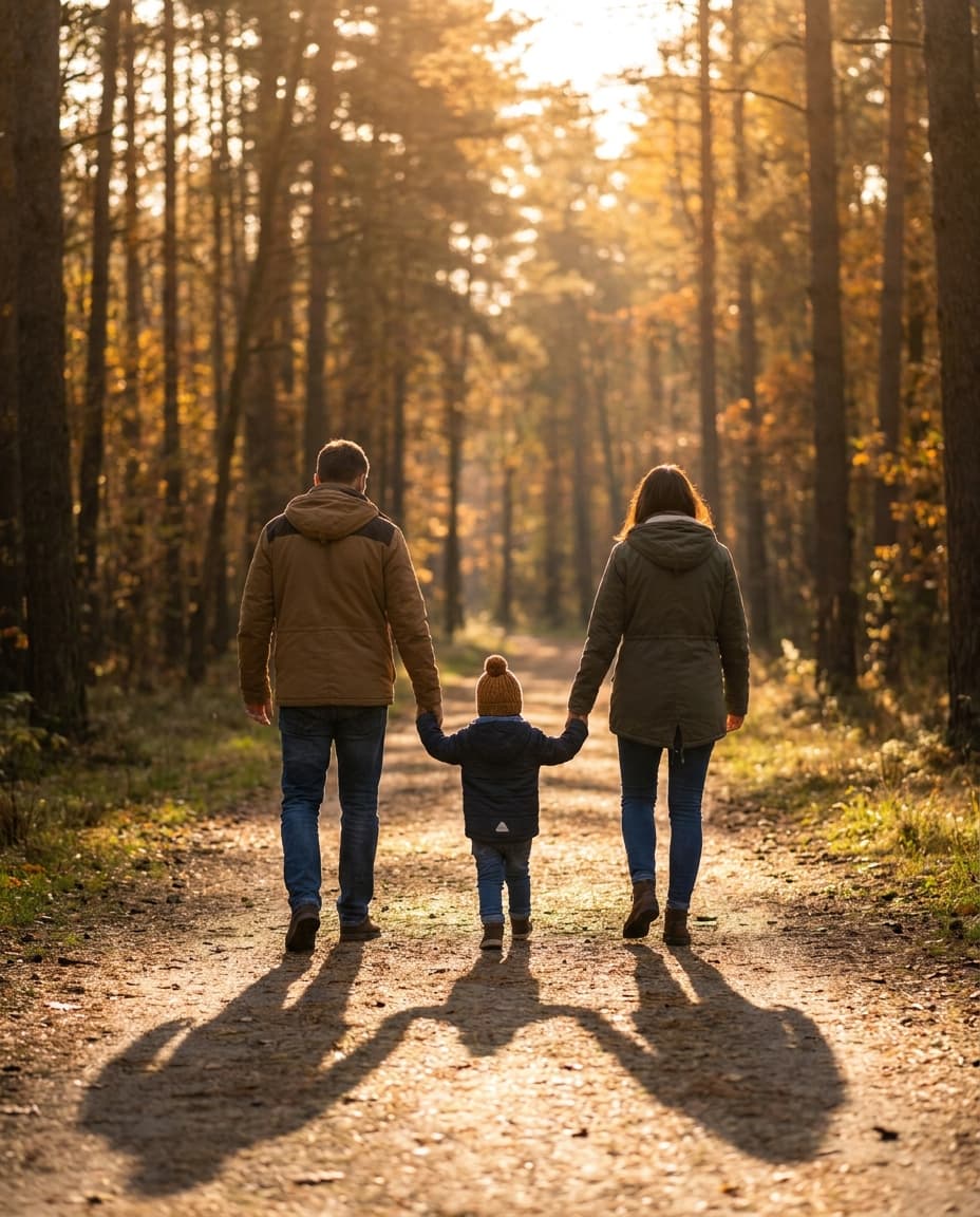 Familie beim Spaziergang im Wald