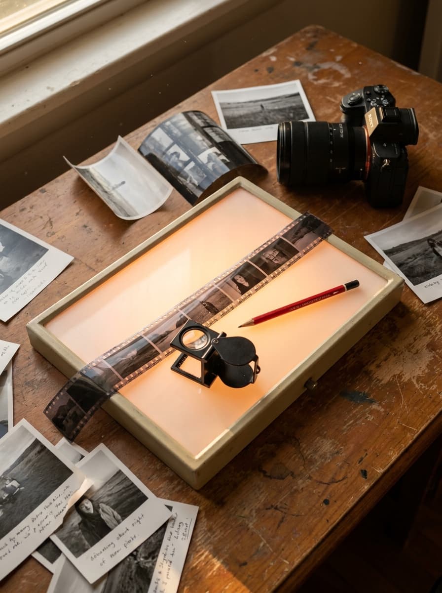 Sandra Correias Arbeitsplatz — Lichttisch mit Kontaktbogen